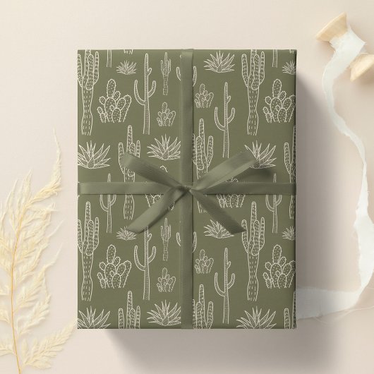 Papier Cadeau Cactus Boho Ouest Sud Neutre Vert Mousse