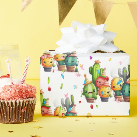 Papier Cadeau Cactus D'Anniversaire Avec Confetti De Fête (Fête d'anniversaire)