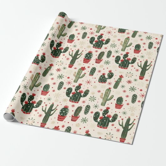 Papier Cadeau Cactus de Noël mignons | Gris souris (Déroulé)