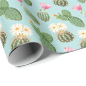 Papier Cadeau Cactus, fleurs roses : décor clair (Coin rond)