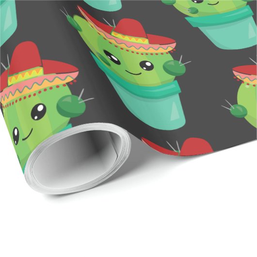Papier Cadeau Cactus mignon dans un Sombrero debout dans un pot (Coin rond)