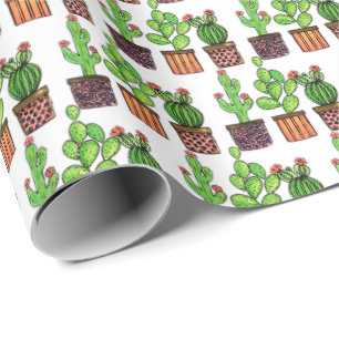 Papier Cadeau Cactus mignon d'aquarelle dans des pots