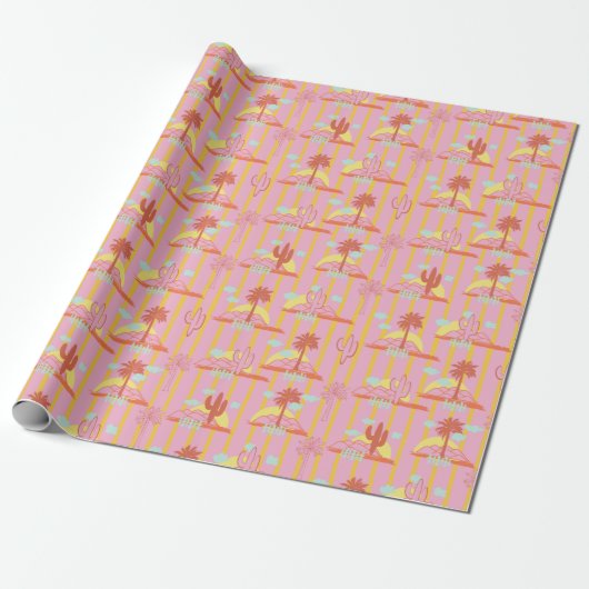 Papier Cadeau Cactus mignons, rayures Jaunes Soleil & Nuages (Déroulé)