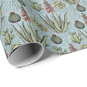 Papier Cadeau Cactus Succulent Aloe Vera Bleu Français