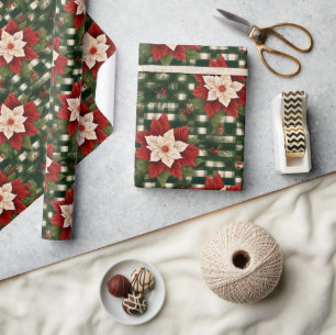 Papier Cadeau Cadeau à motif Gingham de poinsettia vert rouge