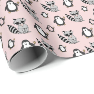 Papier Cadeau Cadeau de naissance amis manchot mignon et raton l