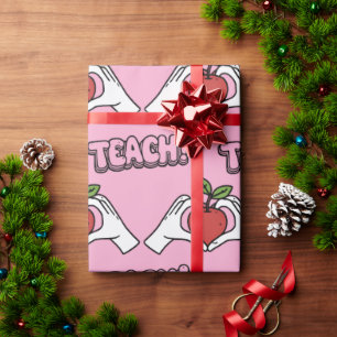 Papier Cadeau CADEAU DE NOËL "ENSEIGNER" Mains de pomme et de cœ