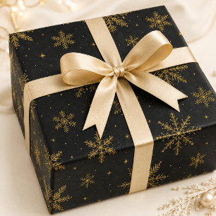 Papier Cadeau Cadeau de Noël étoilé flocon de neige en or noir d