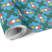 Papier Cadeau Cadeau de Noël Holly et bougies : Bleu (Coin rond)