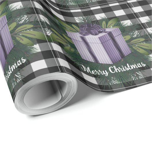 Papier Cadeau Cadeau de Noël Plaid Buffalo | Noël pourpre (Coin rond)