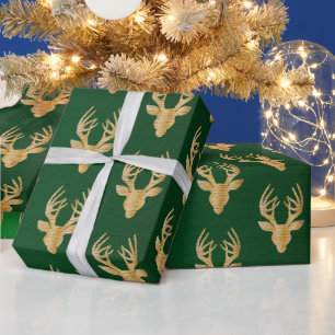 Papier Cadeau Cadeau de renne de Noël élégant vert émeraude or