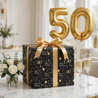 Papier Cadeau Cadeau élégant 50e anniversaire noir et or