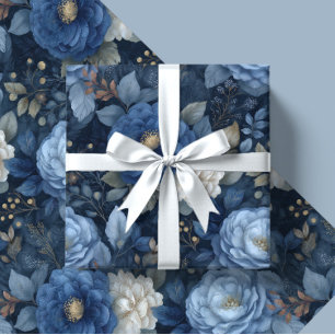 Papier Cadeau Cadeau floral bleu et blanc de Noël élégant