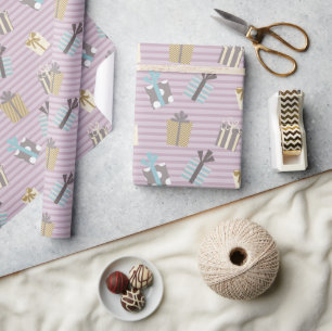 Papier Cadeau Cadeaux de Noël et rayures violettes motif