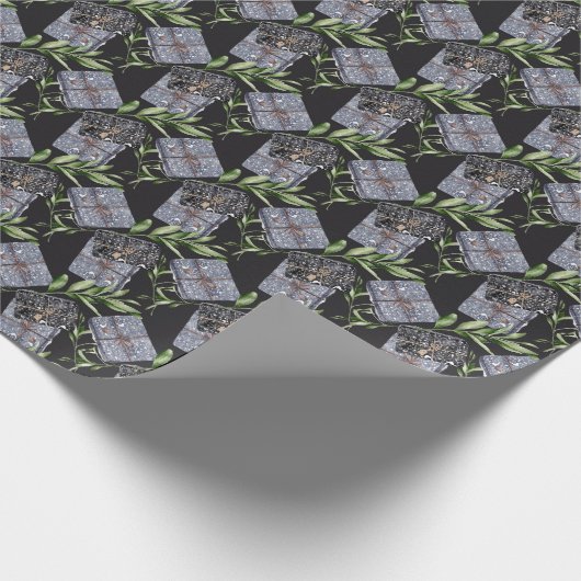 Papier Cadeau Cadeaux, Feuilles verts, Arrière - plan foncé. Noë (Coin)
