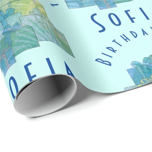 Papier Cadeau Cadeaux mignons pour Anniversaire Fille Bleu Vert (Coin rond)