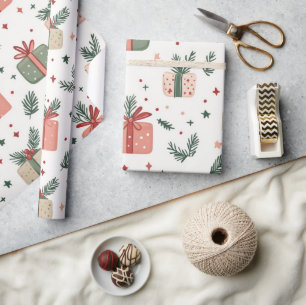 Papier Cadeau Cadeaux rouges et verts Présente des brins de pin