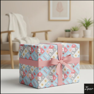 Papier Cadeau Cadre de motif en grille de lapin à fleurs Kawaii