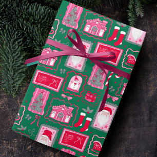 Papier Cadeau Cadres de Coquette Rose Mignonne sur Fond Vert de