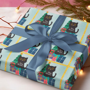 Papier Cadeau Café Chat Noir de Noël Bleu Doré Festif