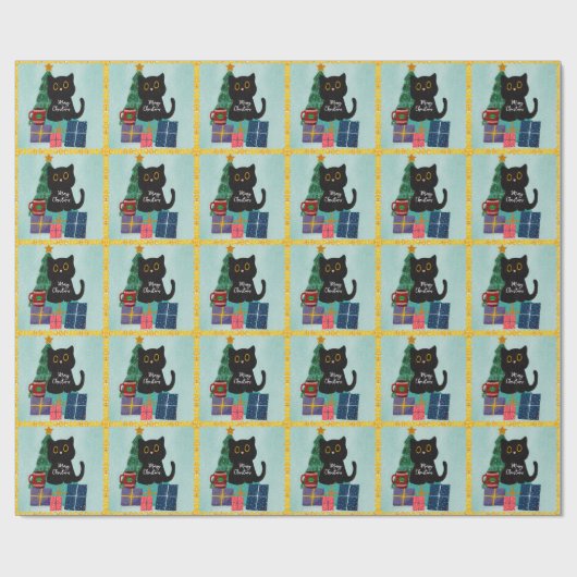 Papier Cadeau Café Festive Blue Gold Black Cat (Plat)