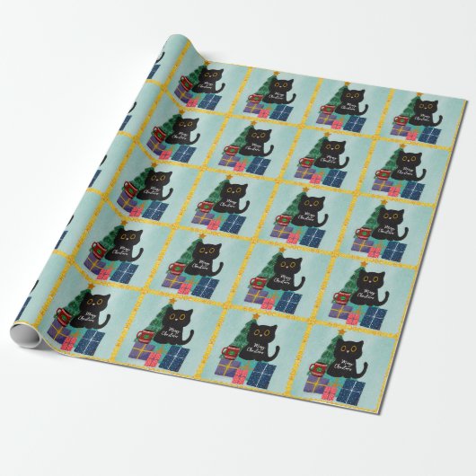 Papier Cadeau Café Festive Blue Gold Black Cat (Déroulé)