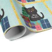 Papier Cadeau Café Festive Blue Gold Black Cat (Coin rond)