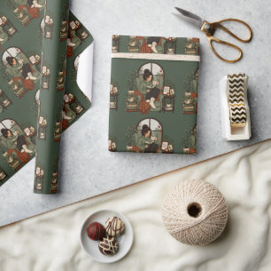Papier Cadeau Café Filles Cozy Livres Journées Pluvieuses Design