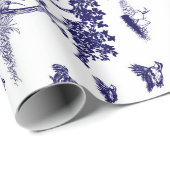 Papier Cadeau Cailles Toile De Jouy Navy et blanc (Coin rond)