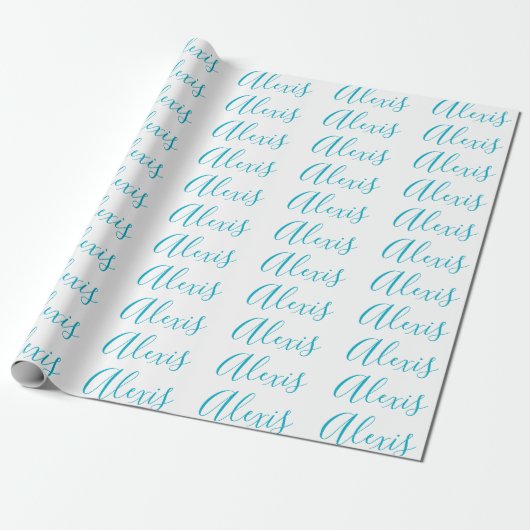 Papier Cadeau Calligraphie de nom Script Plain Simple Blanc Bleu (Déroulé)