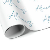 Papier Cadeau Calligraphie de nom simple blanche bleue (Coin rond)