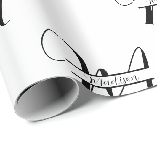 Papier Cadeau Calligraphie de script Noir & Blanc Nom Monogramme (Coin rond)