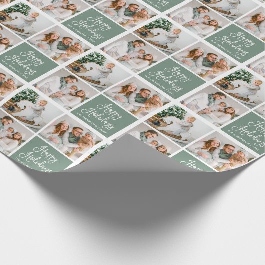 Papier Cadeau Calligraphie Script Holiday 3 Photo Sage Vert (Coin)