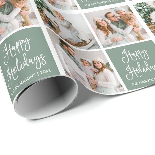 Papier Cadeau Calligraphie Script Holiday 3 Photo Sage Vert (Coin rond)