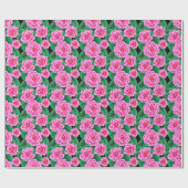 Papier Cadeau Camellias rose Fuchsia et Feuilles verts Jade (Plat)
