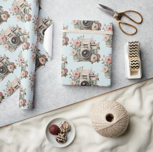 Papier Cadeau Camera with Flowers Retro Pastel Pattern (Artisanat)