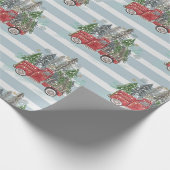 Papier Cadeau Camion de Noël rustique Arbres Bleu rayé (Coin)
