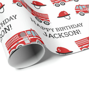 Papier Cadeau Camion de pompiers rouge et chapeau Anniversaire p