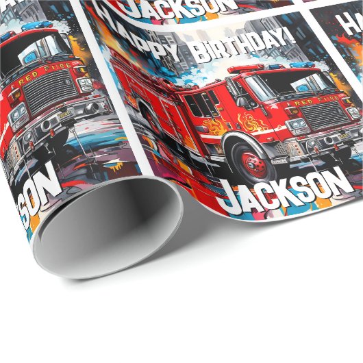 Papier Cadeau Camion incendie en ville (Coin rond)