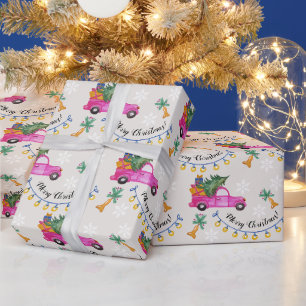 Papier Cadeau Camion Rose Rouge De Noël Avec Arbre Et Vœux