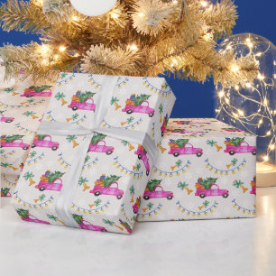 Papier Cadeau Camion rose rouge de Noël avec arbre et vœux