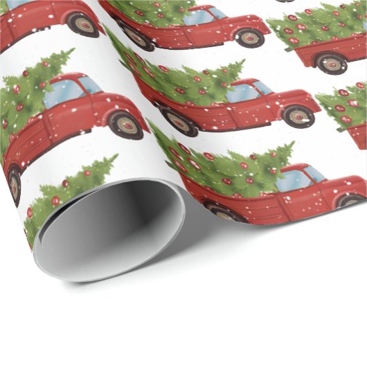 Papier Cadeau Camion Rouge avec arbre de Noël (Coin rond)