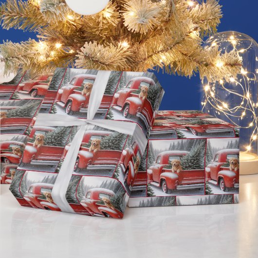 Papier Cadeau Camion Rouge de Noël avec Golden Retriever (Vacances)