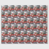 Papier Cadeau Camion Rouge de Noël avec Golden Retriever (Plat)