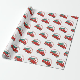 Papier Cadeau Camion rouge vintage avec Noël d'arbre