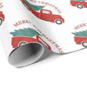 Papier Cadeau Camion rouge vintage avec Noël d'arbre (Coin rond)