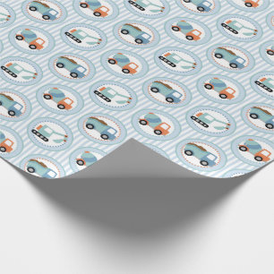 Papier Cadeau Camions de construction - blanc bleu mignon