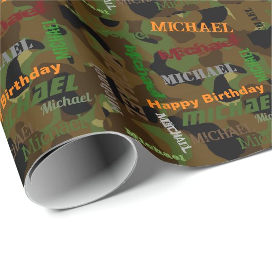 Papier Cadeau Camo Custom NAME Joyeux cadeau d'anniversaire (Coin rond)
