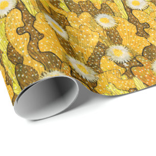 Papier Cadeau Camouflage Cactus, Motif Floral, Jaune Doré