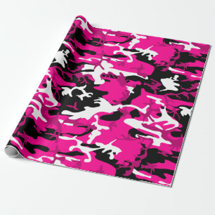 Papier Cadeau camouflage rose chaud noir blanc camo